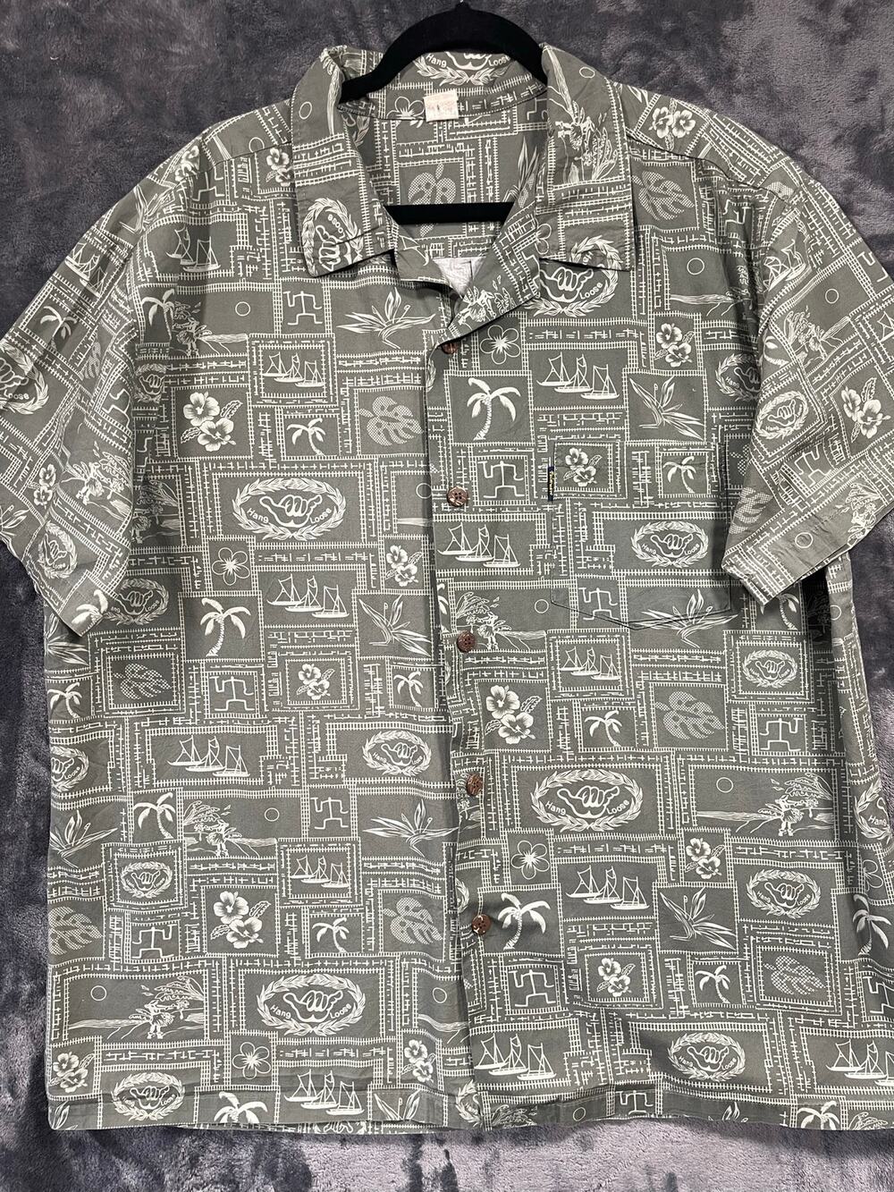 Palmwave Hawaiian Shirt Mens 2XL XXL Grey Tropical Stamp Hang Loose 100% Cotton